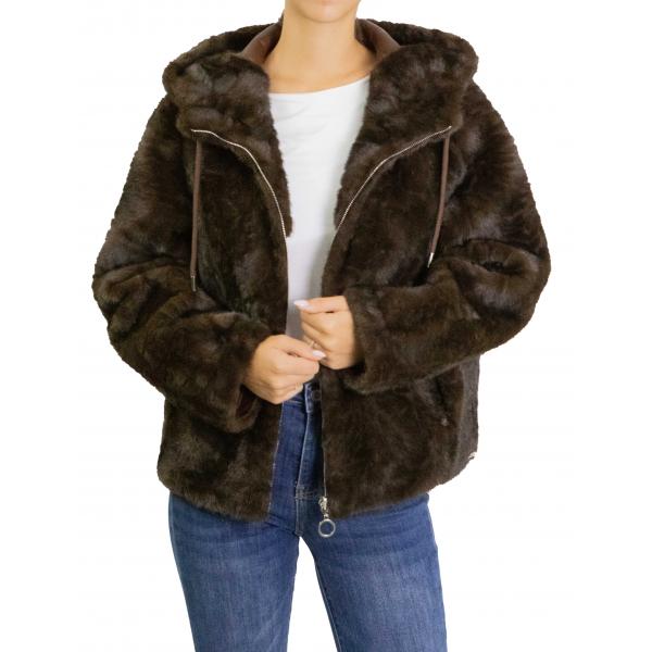 Giacca con cappuccio e zip frontale reversibile in similpelliccia Please